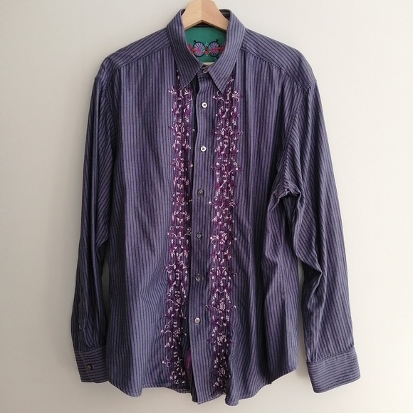 Robert Graham Men's Embroidered Purple Button Up Classic Fit XL - Picture 6 of 17